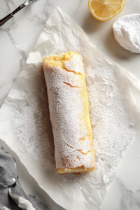 rolled-hot-cake-on-sugar-dusted-towel-topdown