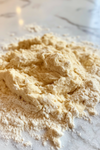 This image shows rough dough resting on a floured white marble countertop, ready for kneading.