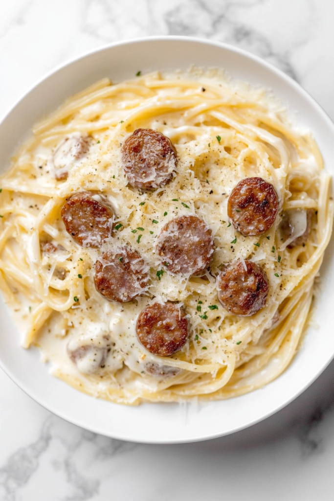 sausage-alfredo-fettuccine-served-in-white-ceramic-plate-on-marble