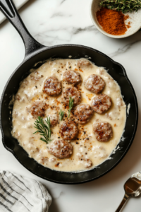 sausage-with-cream-and-cajun-seasoning-in-skillet-on-marble