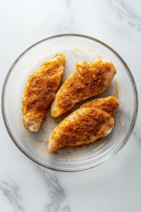This image shows a top-down view of flattened chicken breasts seasoned all over with Cajun seasoning, placed on a glass plate on a clean white marble cooktop.