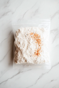 This image shows a large clear plastic bag with flour mixed with paprika, salt, and black pepper, giving the flour a light reddish tint, placed on a clean white marble countertop with no other items in the background.