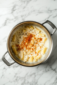 seasoning-creamy-cheese-pasta-in-stainless-steel-pot-with-paprika-salt-pepper