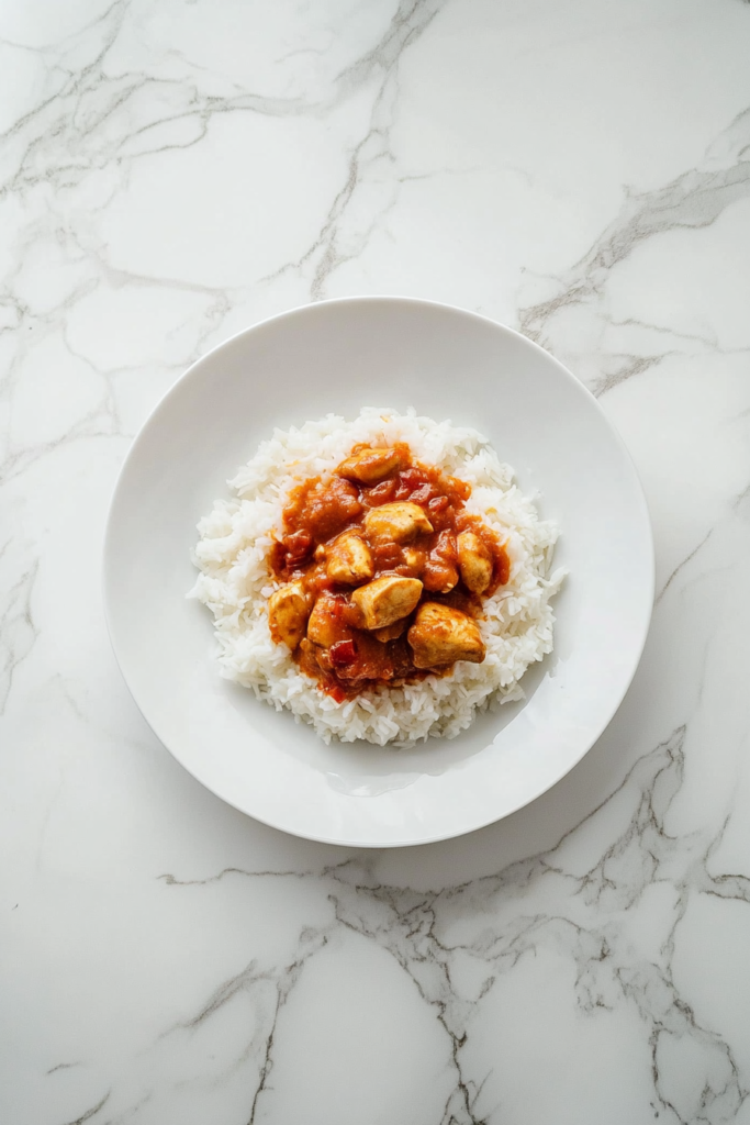 This image shows a serving of chicken curry and white rice on a plate placed on a clean white marble cooktop.