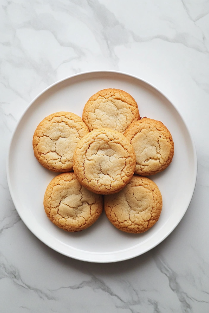 This image shows a top-down view of warm Earl Grey cookies on a tray, with a round metal cutter placed around one cookie to shape it on a white marble countertop.