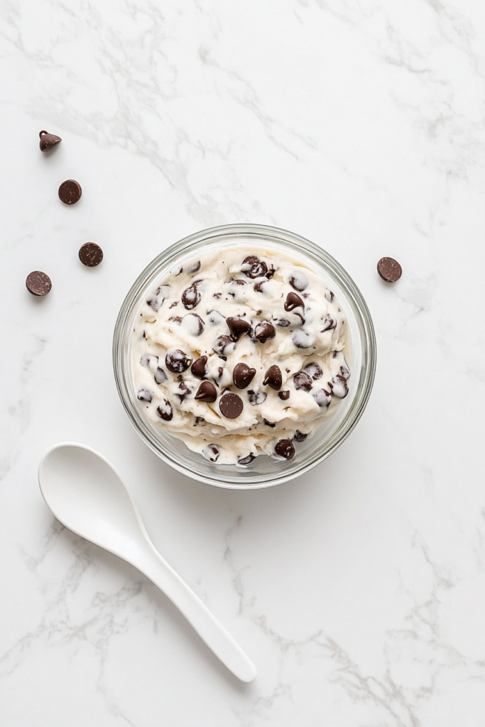 This image shows a glass bowl filled with ready-to-eat cookie dough, dotted with chocolate chips, on a spotless white marble countertop with a white spoon beside it.
