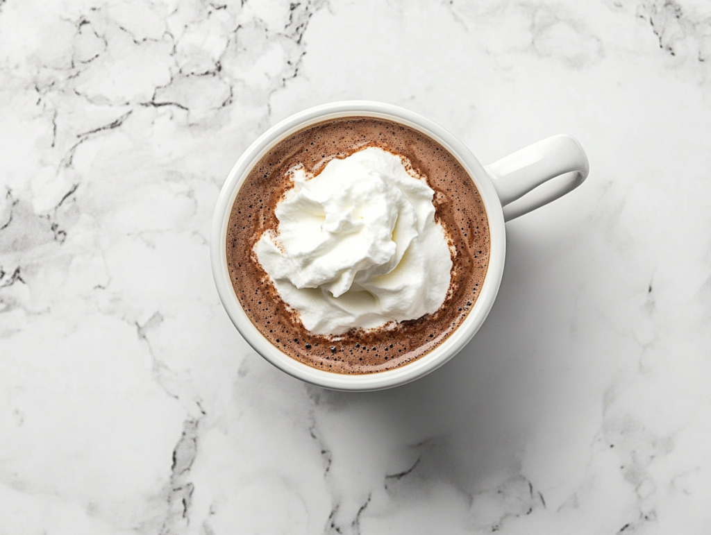 This image shows a luxurious serving of French hot chocolate in a white ceramic mug, topped with a fluffy dollop of whipped cream, placed elegantly on a clean white marble countertop with no background distractions.