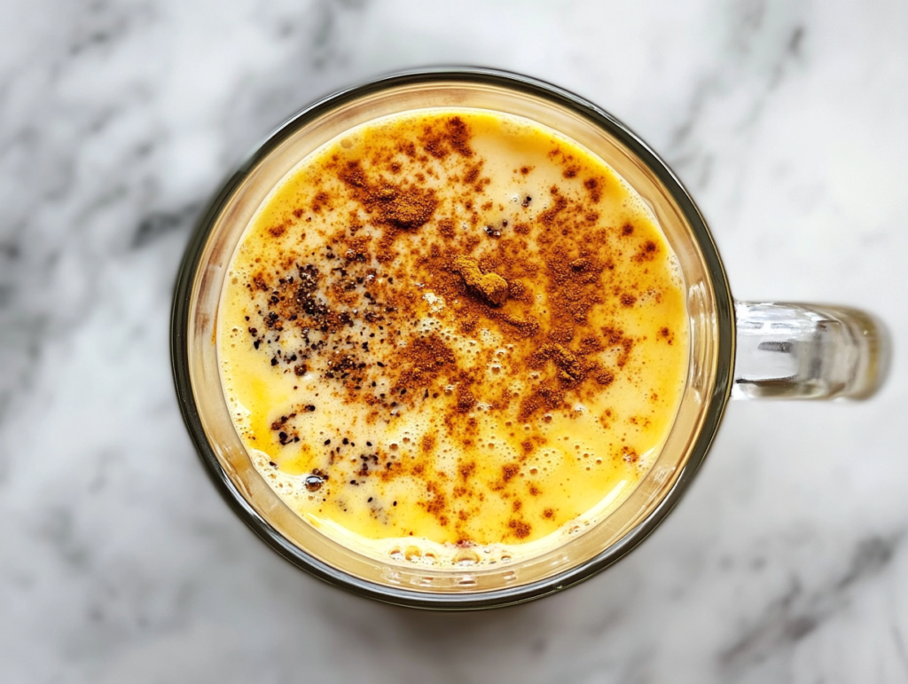 This image shows a vibrant yellow golden milk latte served in a clear glass mug, set neatly on a pristine white marble countertop with no background distractions.