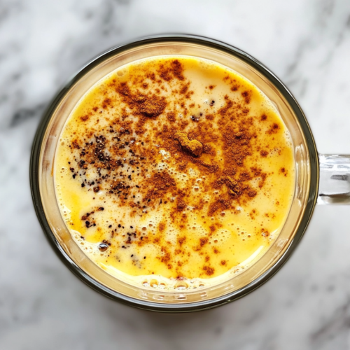 This image shows a vibrant yellow golden milk latte served in a clear glass mug, set neatly on a pristine white marble countertop with no background distractions.