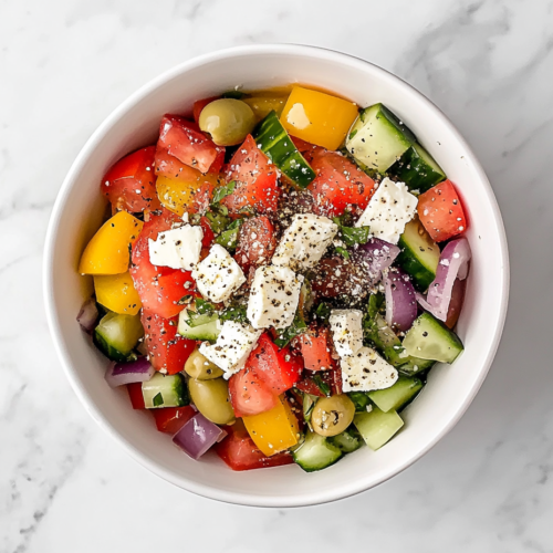 serving-greek-salad-topped-with-feta-and-oregano-on-white-marble
