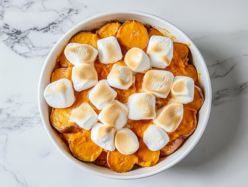 serving-mushy-sweet-potatoes-with-melted-marshmallows-on-white-ceramic-plate
