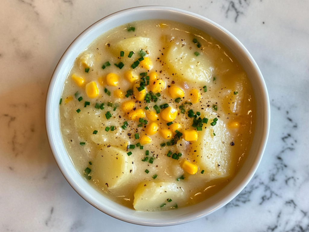 serving-potato-corn-soup-served-in-plain-ceramic-white-bowl-on-marble