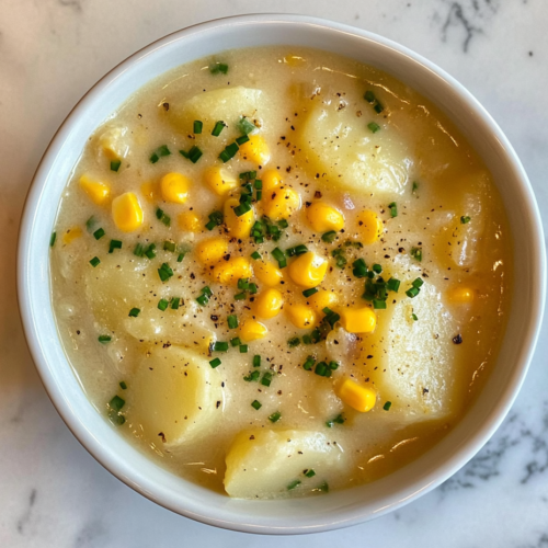 serving-potato-corn-soup-served-in-plain-ceramic-white-bowl-on-marble