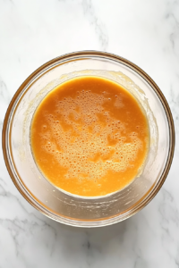 This image shows a large glass bowl with a mixture of white sugar, vegetable oil, orange juice, eggs, and vanilla on a white marble countertop.
