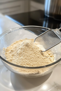 sifting-cake-flour-into-clear-glass-bowl-on-white-marble