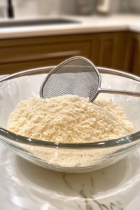 This image shows flour being sifted into a large clear glass mixing bowl, with salt and baking powder added on a white marble countertop.