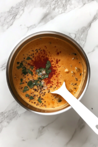 This image shows a simmering creamy cheese sauce inside a stainless steel pot on a clean white marble cooktop, seasoned with paprika, salt, pepper, garlic powder, and hot sauce, with a white silicone spatula inside.