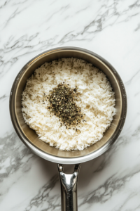This image shows a stainless steel saucepan with a lid simmering rice on a white marble countertop.