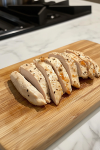 This image shows a top-down view of cooked chicken breasts sliced into thin strips on a wooden cutting board, placed on a clean white marble cooktop.