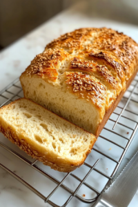 This image shows Dave’s Killer Bread sliced on a wire rack over a white marble countertop, with a bread knife beside.