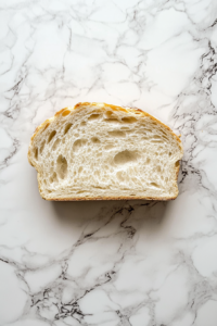This image shows a French bread loaf sliced lengthwise, resting on a white marble countertop.
