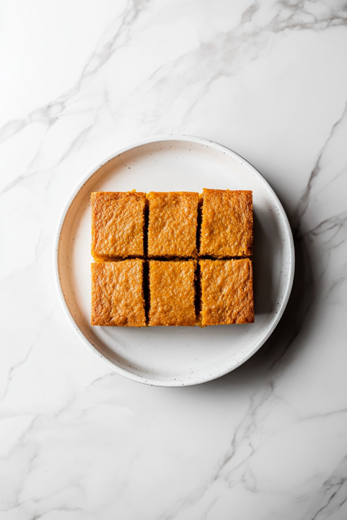 This image shows square slices of baked honey butter sweet potato cornbread cut and served directly in a black cast iron skillet on a white marble countertop.
