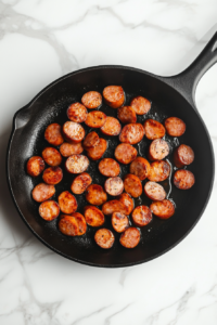 sliced-sausage-browning-in-cast-iron-skillet-on-marble