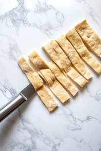 This image shows thin strips of dough being sliced using a knife on a marble countertop.