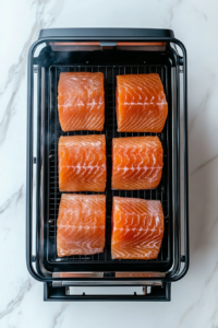 This image shows salmon fillets inside a black smoker on a white marble countertop, being basted with honey using a silicone brush.