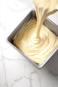 smooth-castella-batter-poured-into-lined-pan-on-white-marble