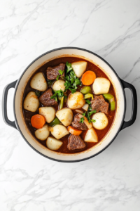 spices-and-broth-simmering-in-dutch-oven-on-white-marble