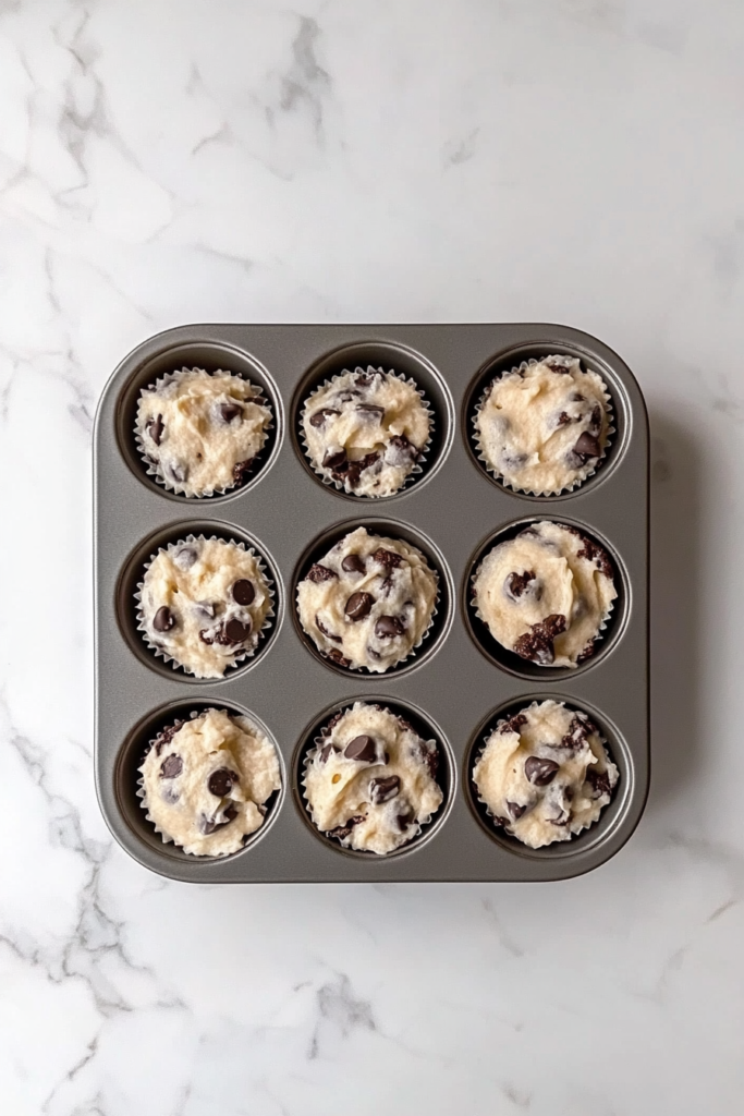This image shows a 12-cup nonstick muffin tin on a white marble countertop, each cup filled two-thirds full with chocolate chip muffin batter.