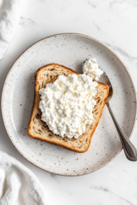 This image shows a top-down view of a slice of toasted multigrain bread on a matte white ceramic plate over a clean white marble countertop, with a silver spoon spreading white low-fat cottage cheese evenly across the toast.
