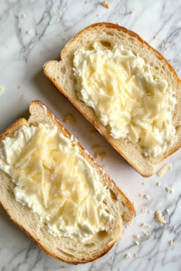 This image shows French bread halves spread with garlic butter mixture, including cheese, garlic, and herbs, on a white marble cooktop.