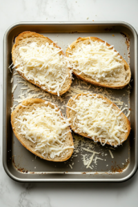 This image shows bread halves on a baking sheet, evenly topped with Parmesan and mozzarella cheese over a white marble cooktop.