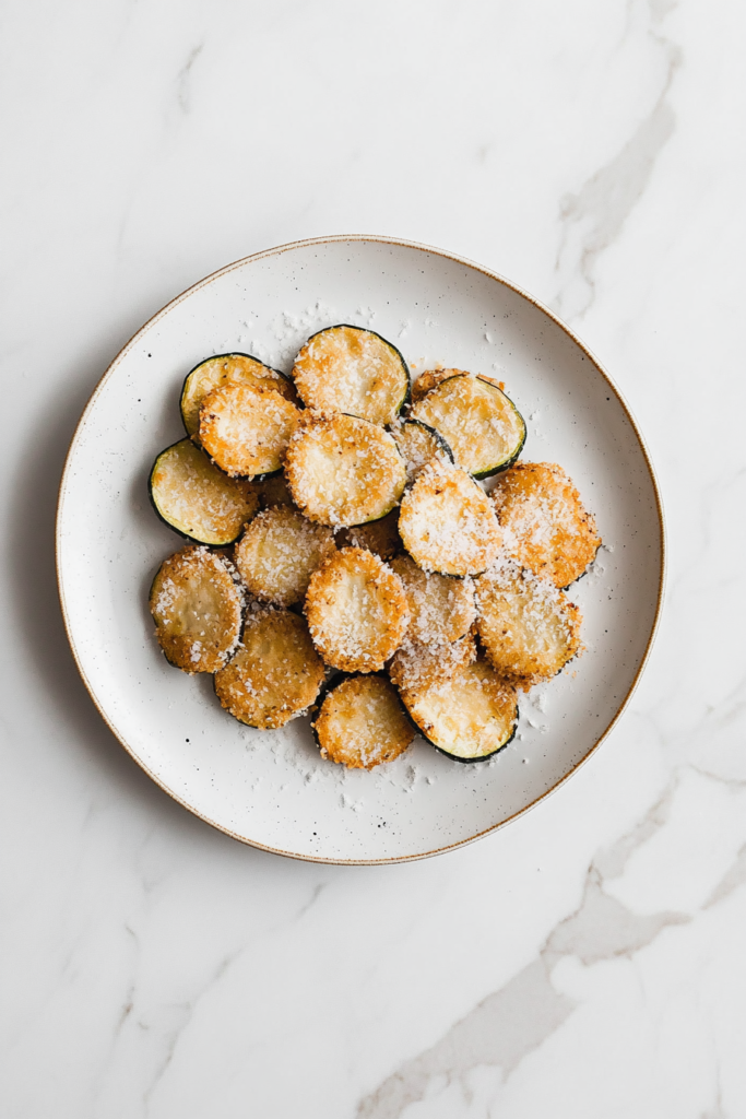 This image shows fried breaded zucchini slices on a white ceramic plate sprinkled with Parmesan cheese and salt, sitting on a white marble countertop.