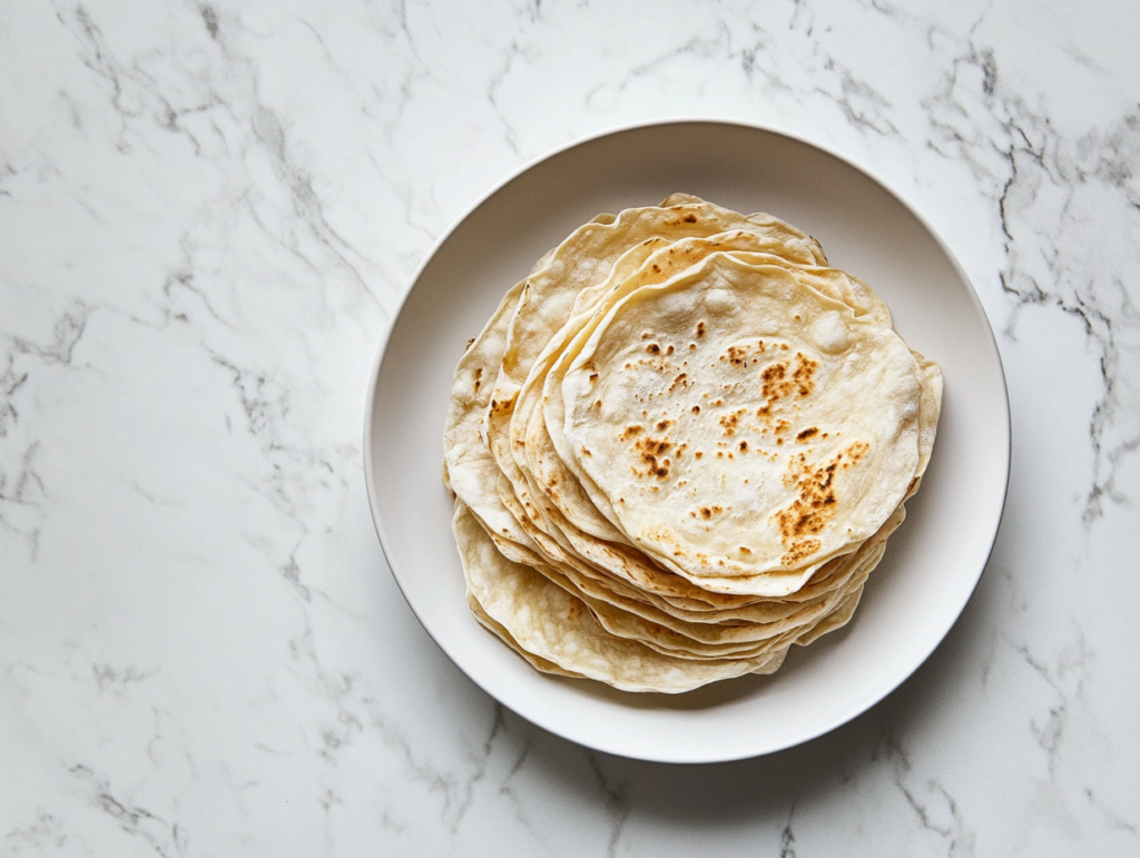This image shows a stack of golden lavash bread on a white ceramic plate over a clean white marble countertop.