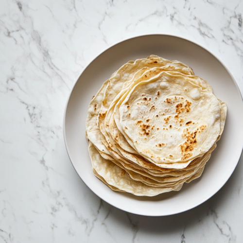 This image shows a stack of golden lavash bread on a white ceramic plate over a clean white marble countertop.