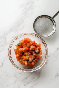 This image shows a clear glass bowl containing chunky salsa with a slightly thicker consistency after mixing in the strained portion. A stainless steel strainer sits empty nearby.