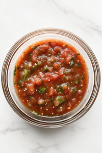 This image shows a top-down view of a thick and chunky homemade salsa in a clear glass bowl after final straining. The salsa has a vibrant red and green color blend.
