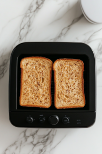 This image shows a top-down view of two slices of multigrain bread toasting inside a black 2-slice pop-up toaster, sitting on a clean white marble countertop.