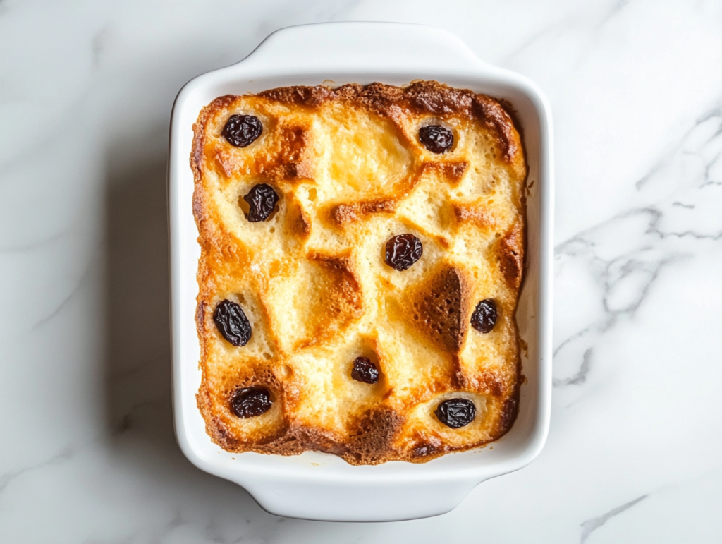 This image shows a beautifully baked bread and raisin pudding in a white square dish on a clean white marble surface, with a golden-brown top and plump raisins peeking through.