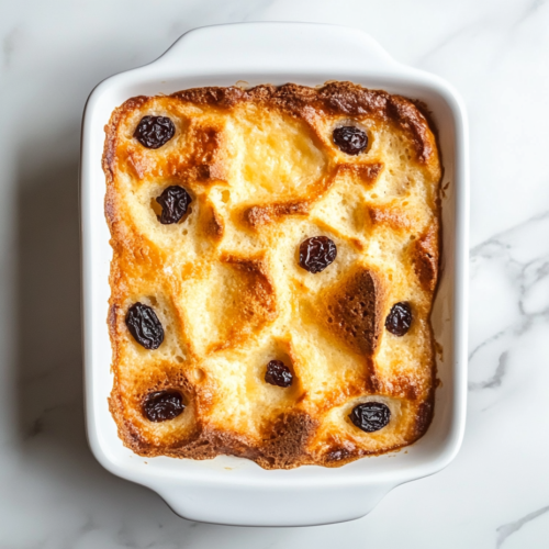 This image shows a beautifully baked bread and raisin pudding in a white square dish on a clean white marble surface, with a golden-brown top and plump raisins peeking through.