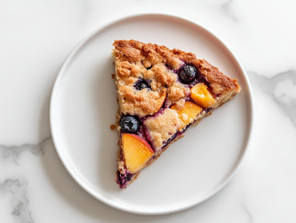 triangle-slice-of-peach-blueberry-cake-on-white-ceramic-plate-over-marble-countertop