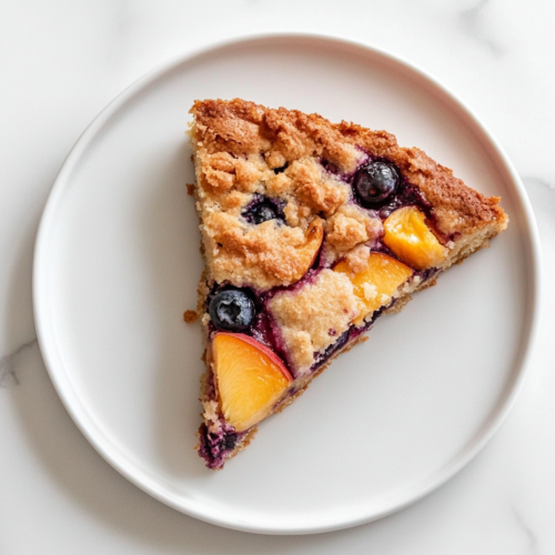 triangle-slice-of-peach-blueberry-cake-on-white-ceramic-plate-over-marble-countertop