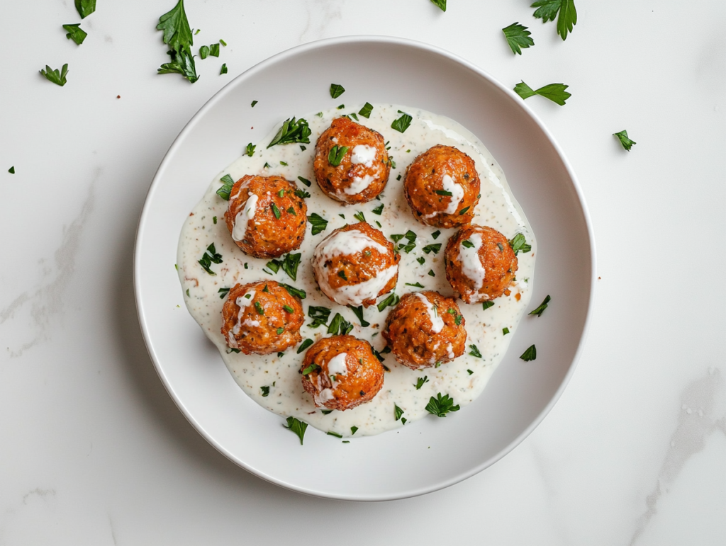 This image shows a plate of golden-brown tuna meatballs arranged neatly with creamy yogurt sauce drizzled on top, garnished with fresh parsley, on a clean white marble countertop.