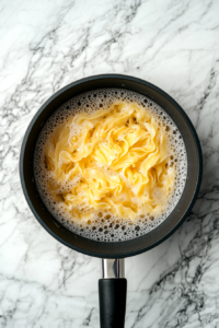 This image shows fresh egg noodles boiling in a black pot on a white marble surface.