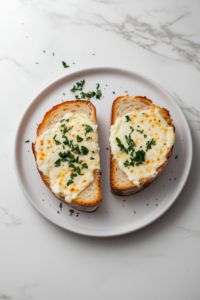 This image shows two slices of garlic mozzarella bread on a white ceramic plate, garnished with parsley, served over a white marble cooktop in a clean and minimal setting.