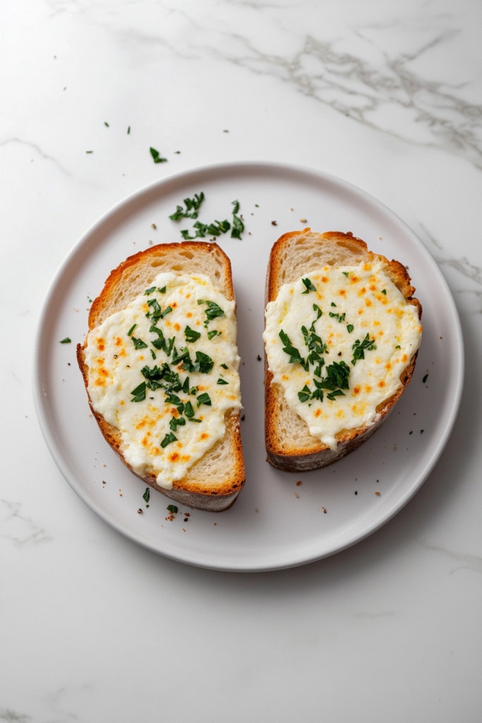 This image shows two slices of garlic mozzarella bread on a white ceramic plate, garnished with parsley, served over a white marble cooktop in a clean and minimal setting.