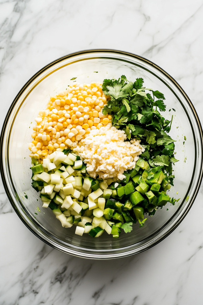 This image shows corn, Cotija cheese, cilantro, scallions, and chile-lime mayo placed in a glass bowl, unmixed and ready for stirring, all on a white marble surface.